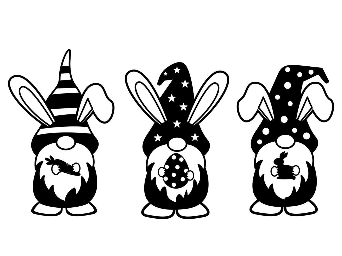 trois joyeux gnomes de pâques mignons avec des oreilles de lapin tenant une carotte, un œuf de pâques, des cliparts de pâques pour enfants, une illustration vectorielle de pâques coupe fichier lapin. vecteur