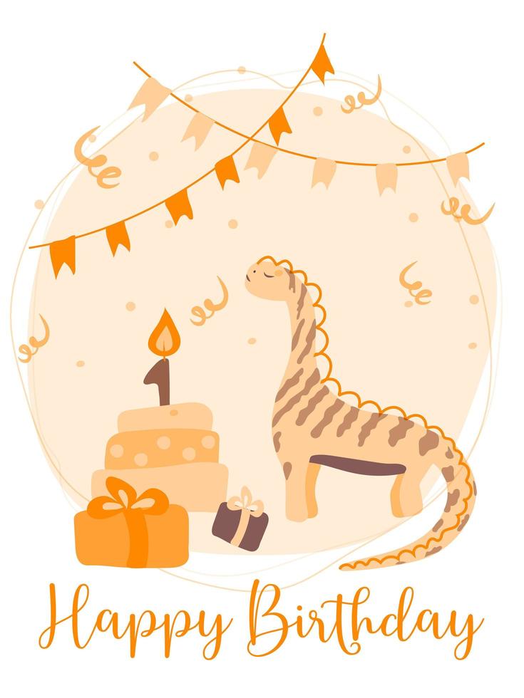 carte postale avec dinosaure mignon, cadeaux, gâteau avec bougie, drapeaux de vacances, bonbons. joyeux premier anniversaire. modèle de carte de voeux avec des personnages mignons. illustration vectorielle en style cartoon. vecteur