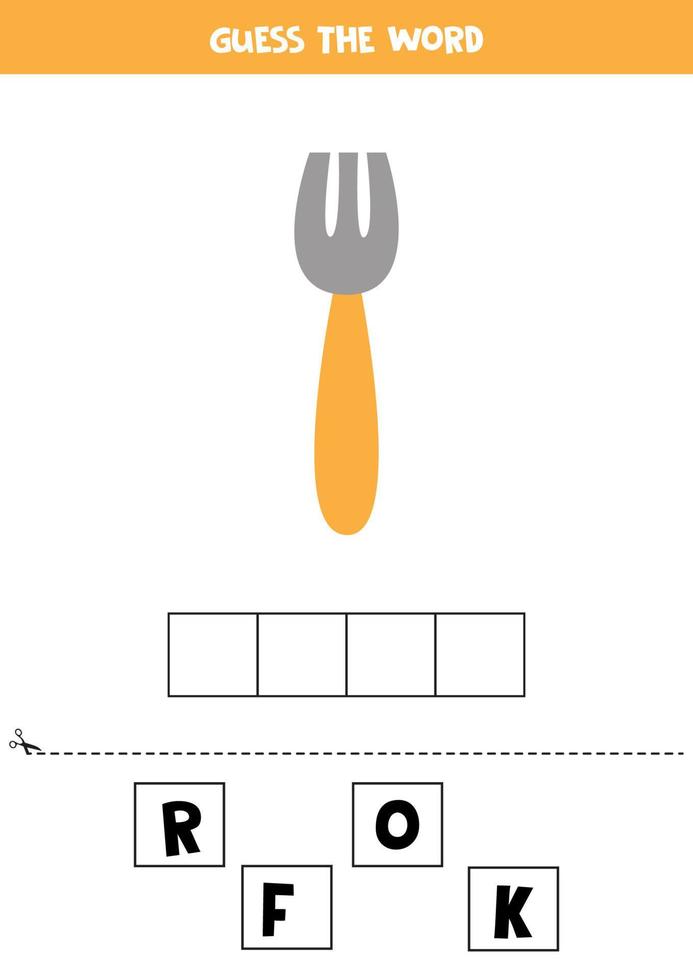 jeu d'orthographe pour les enfants. fourchette de dessin animé mignon. vecteur