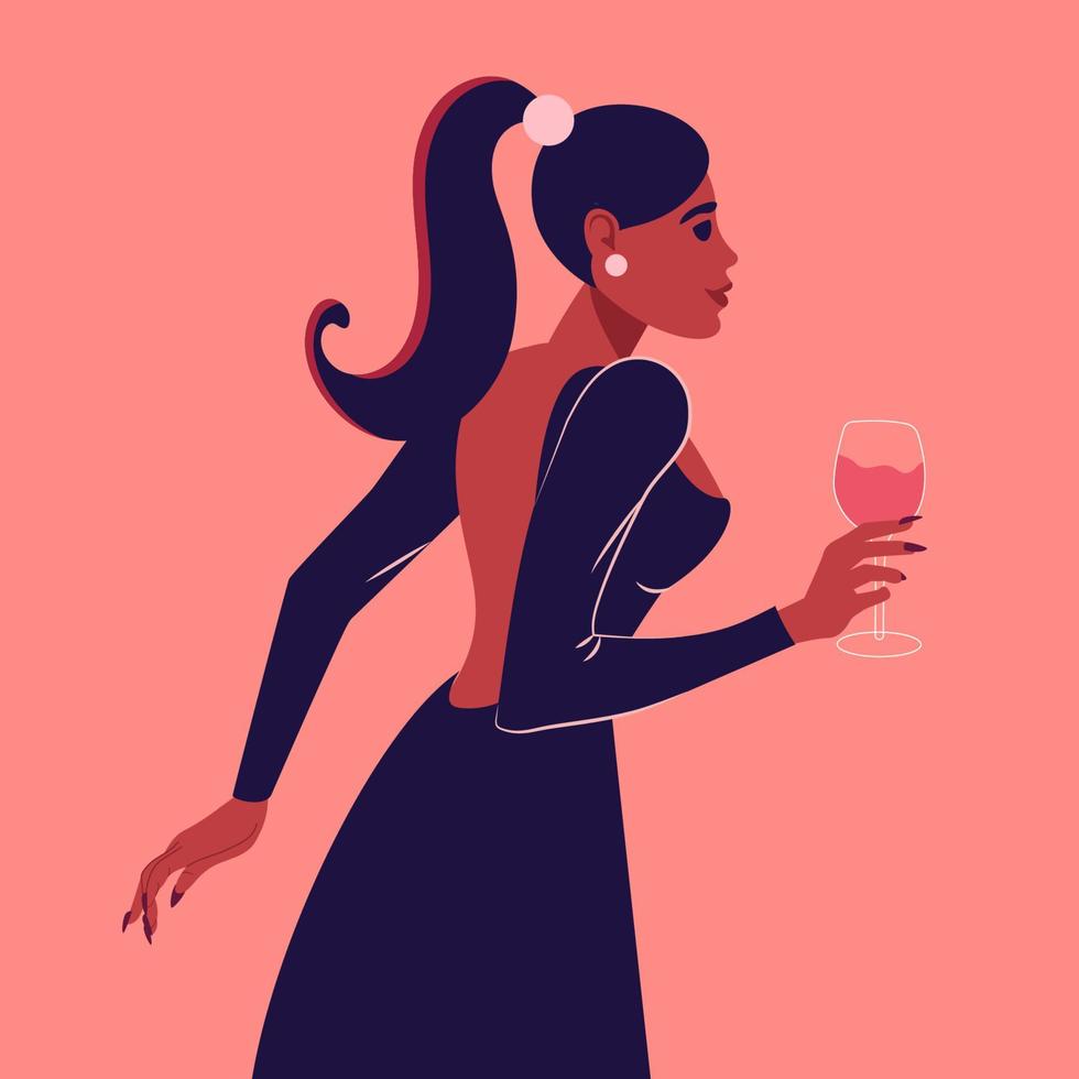jeune femme romantique en robe de soirée avec un verre de vin. illustration vectorielle plat isolé vecteur