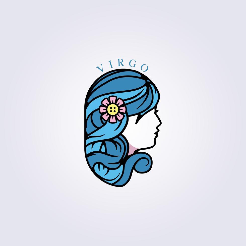 belle fille bleue ou femme, vierge zodiaque horoscope icône symbole logo vecteur illustration design insigne emblème logo de soins de beauté moderne