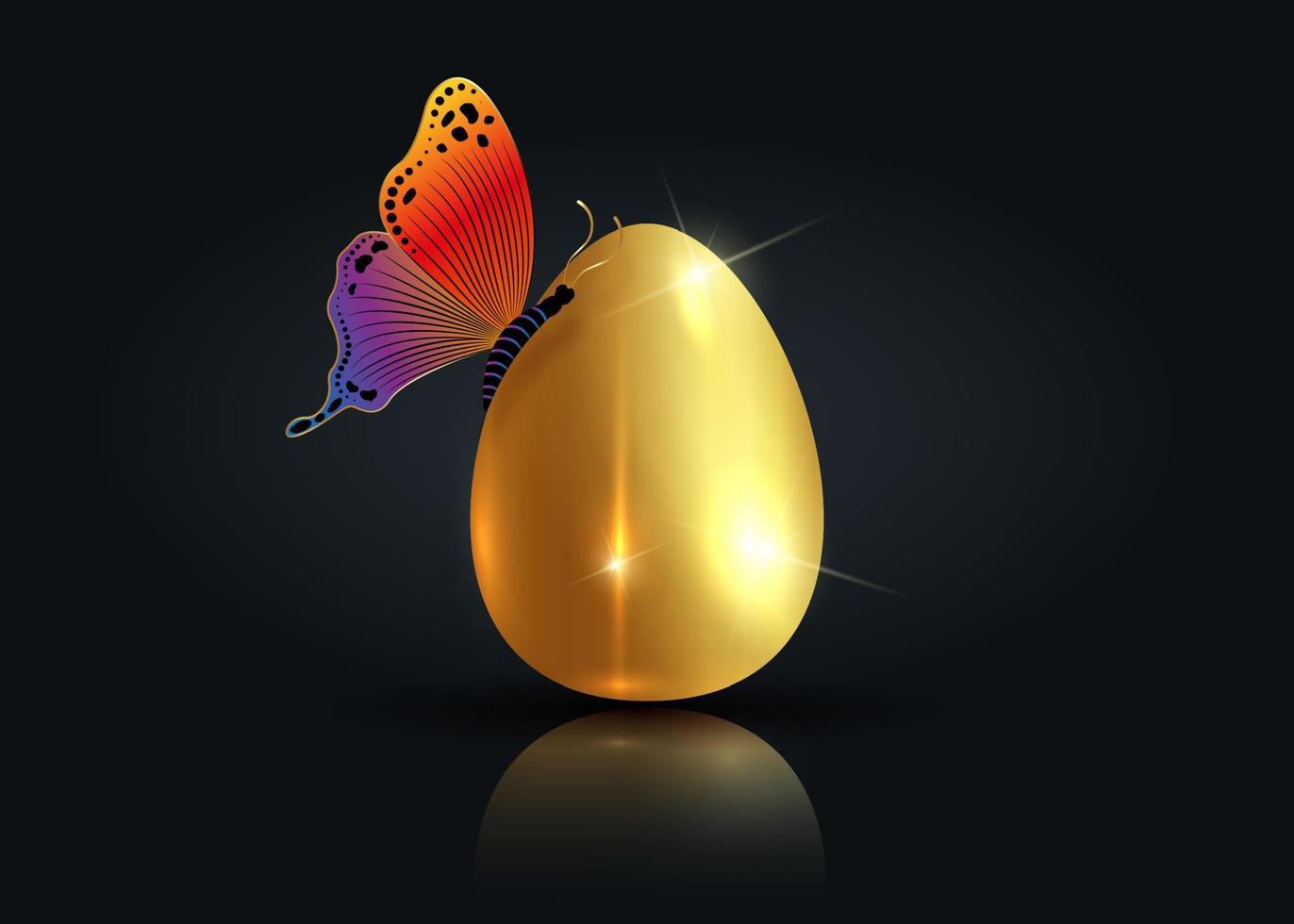 oeuf d'or réaliste avec papillon coloré de luxe, illustration de vecteur de concept de Pâques isolé sur fond noir