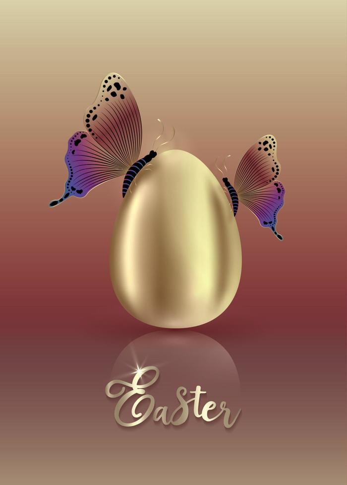 oeuf d'or réaliste avec des papillons colorés de luxe, illustration de vecteur de concept de Pâques isolé sur fond dégradé coloré