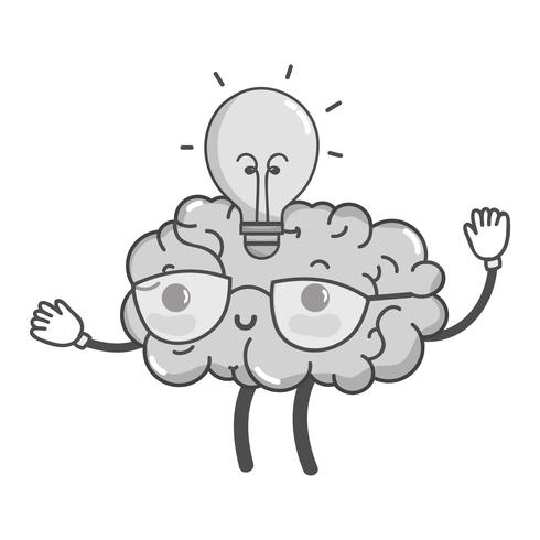 Cerveau heureux kawaii en niveaux de gris avec idée de bulbe vecteur