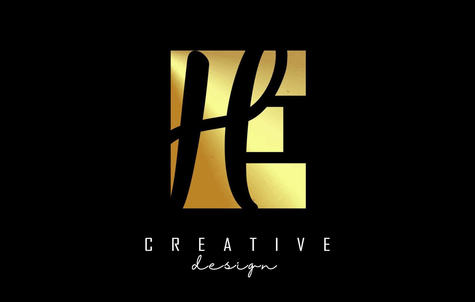 lettres dorées eh logo au design minimaliste. lettres e et h avec typographie géométrique et manuscrite. vecteur