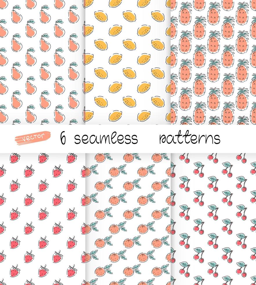 ensemble de motifs harmonieux de fruits citrons, poires, ananas, cerises, fraises et mandarines. arrière-plans abstraits minimalistes. vecteur. vecteur