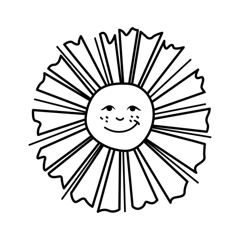 personnage de soleil souriant dans le style de contour sur fond blanc. illustration vectorielle. vecteur