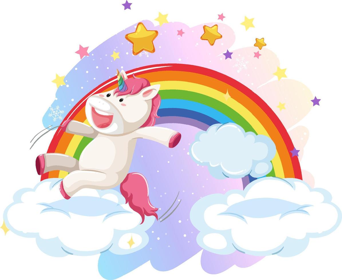 licorne rose sautant sur un nuage avec arc-en-ciel vecteur