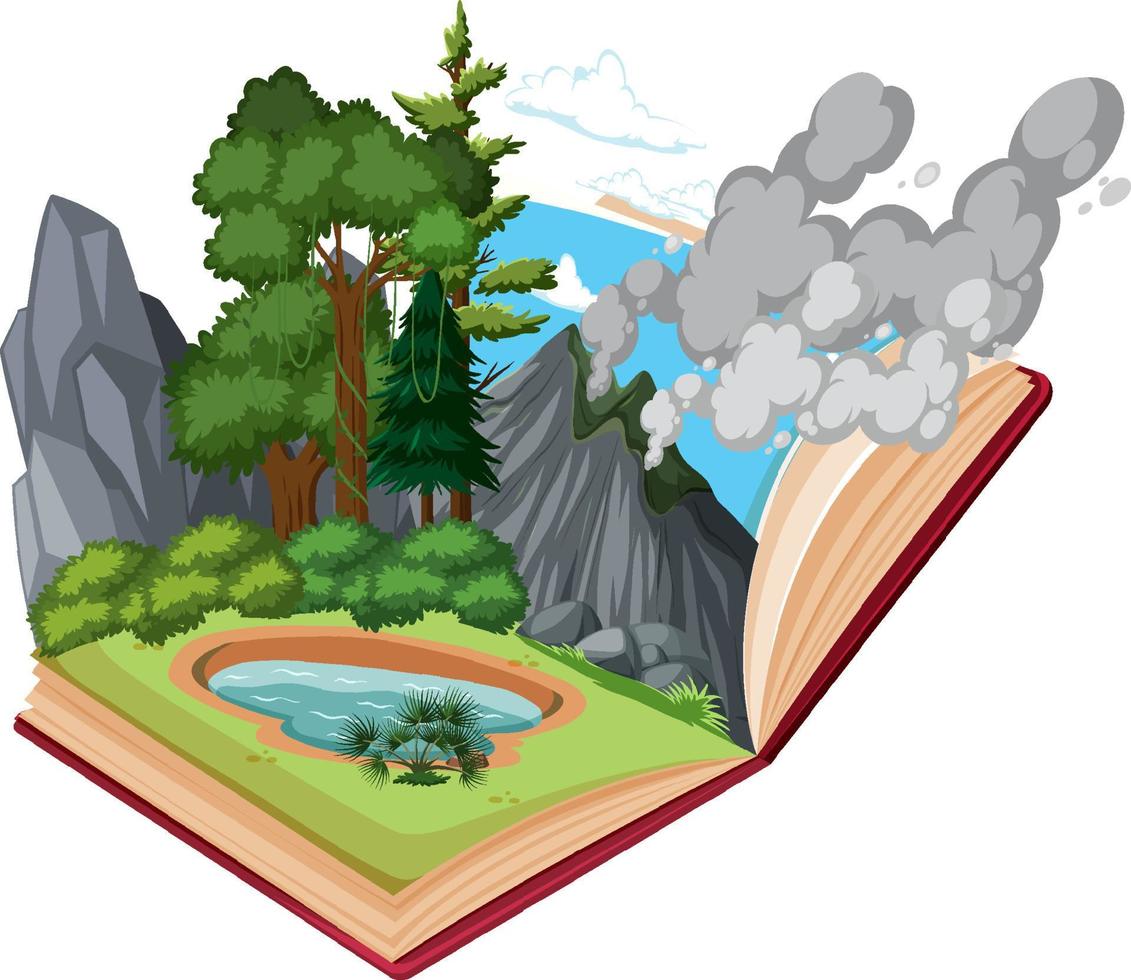 scène avec volcan et étang dans la forêt vecteur