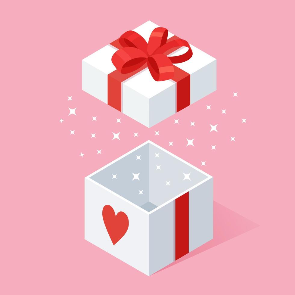 coffret cadeau avec arc, ruban, coeur isolé sur fond. Paquet isométrique 3d, surprise avec des confettis. vente, achats. saint valentin, vacances, noël, concept d'anniversaire. conception de dessin animé de vecteur