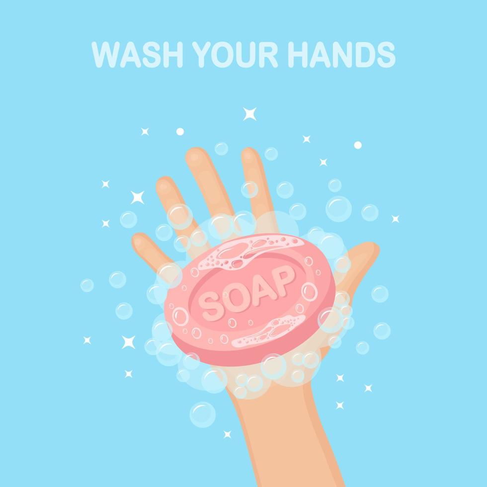 se laver les mains avec de la mousse de savon, du gommage, des bulles de gel. hygiène personnelle, concept de routine quotidienne. corps propre. conception de dessin animé de vecteur