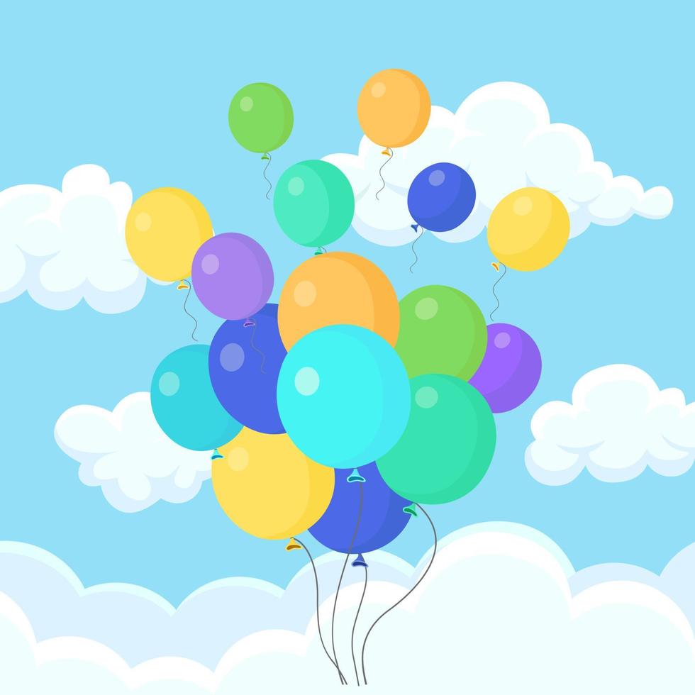 bouquet de ballon d'hélium, boules d'air volant dans le ciel. joyeux anniversaire, concept de vacances. décoration de fête. conception de dessin animé de vecteur