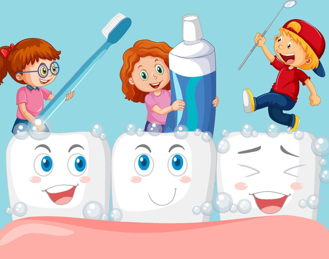 heureux petit garçon et filles nettoyant de grandes dents heureuses sur fond bleu vecteur