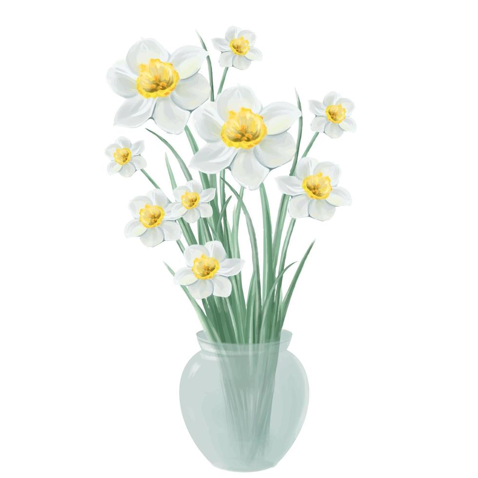 bouquet fleuri de fleurs de jonquilles blanches dans une illustration vectorielle de vase vecteur