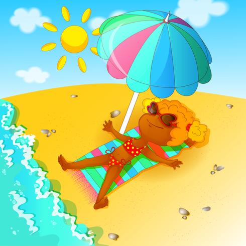 Une fille en maillot de bain bronzer sur la plage sous un parasol. vecteur