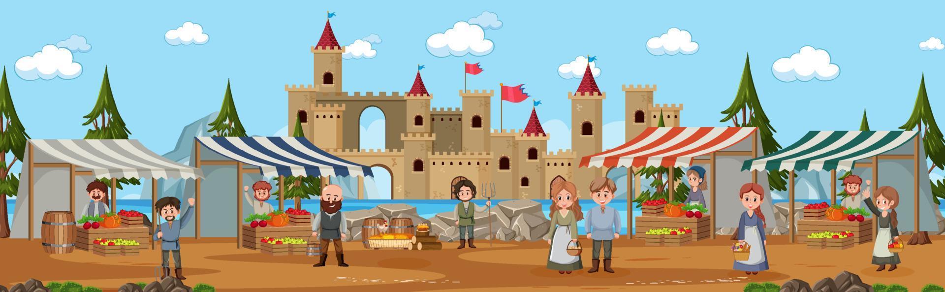 scène de ville médiévale avec des villageois au marché vecteur