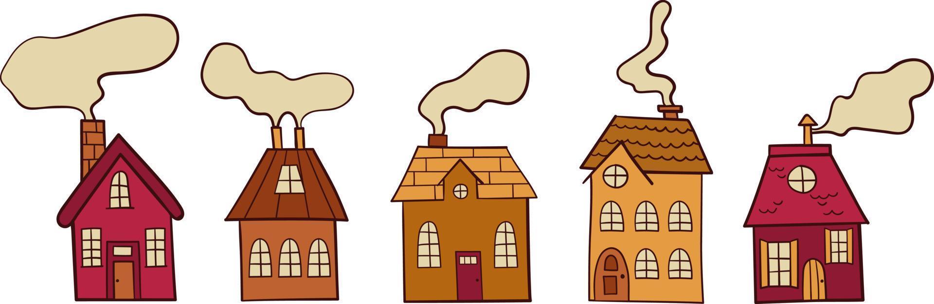 maisons de vecteur avec de la fumée de cheminées. dessin à main levée. conception plate