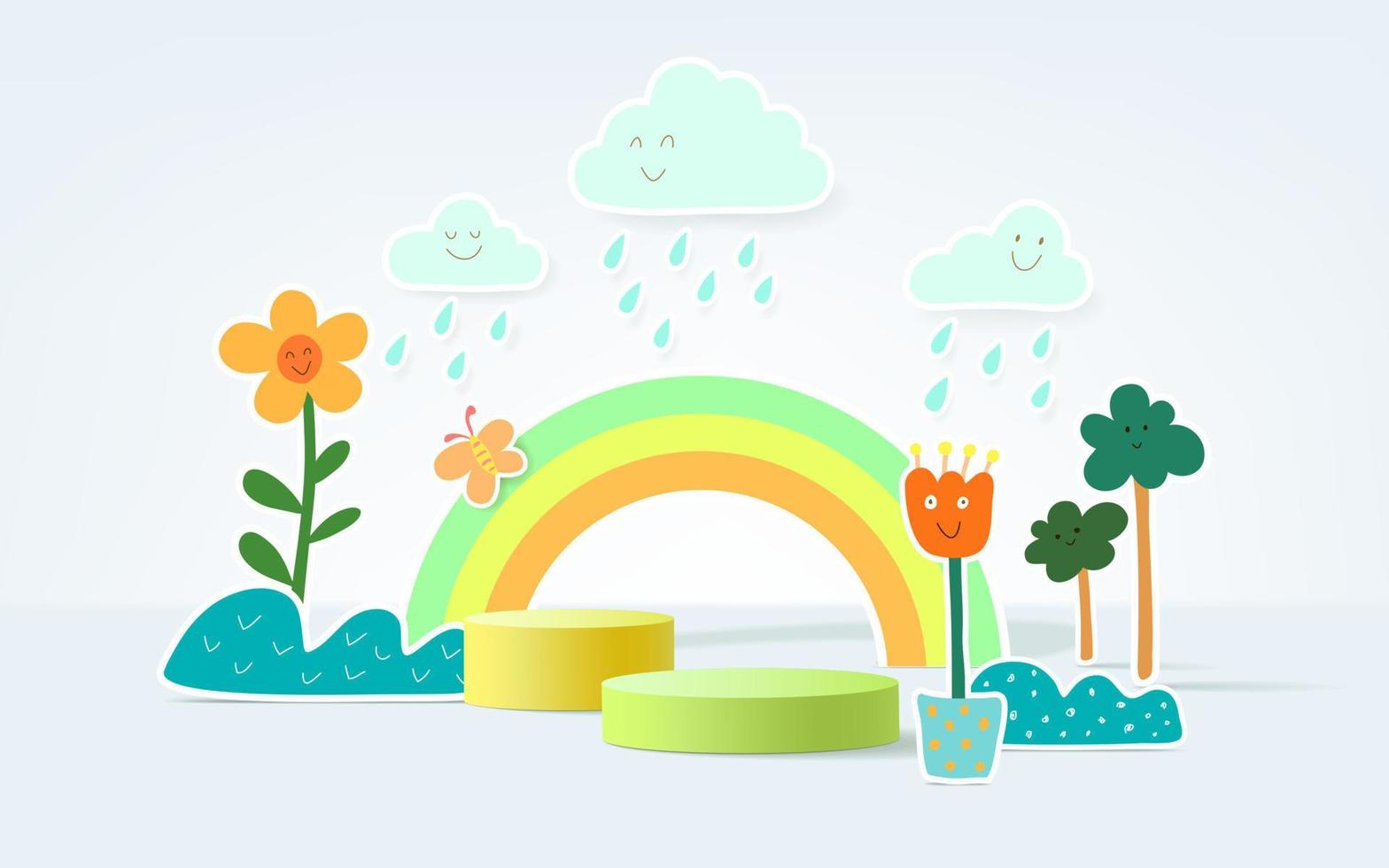 podium de produit 3d avec fond météo dessiné à la main. vecteur