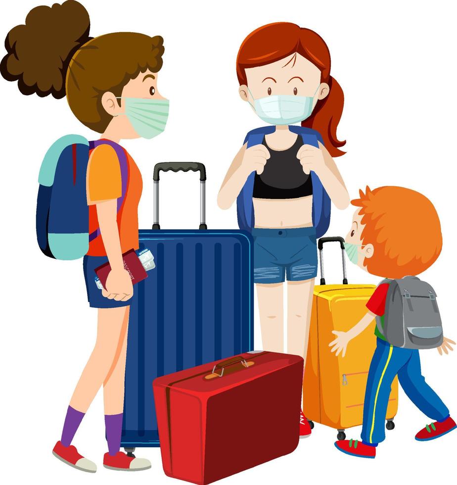 voyageurs portant des masques debout avec leurs bagages vecteur