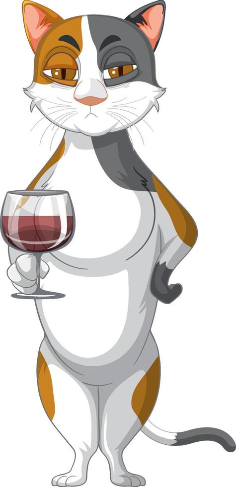 un chat debout et buvant du vin sur fond blanc vecteur