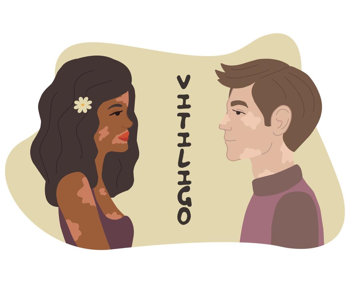 un couple d'un gars et d'une fille atteints de vitiligo. illustration vectorielle dans un style plat. dépigmentation de la peau. vecteur