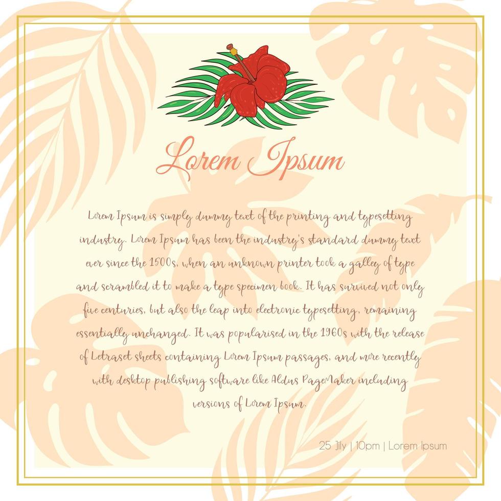 carte de voeux de vecteur avec des plantes tropicales pour des vacances ou une fête. une invitation à un mariage. fleur d'hibiscus tropical.