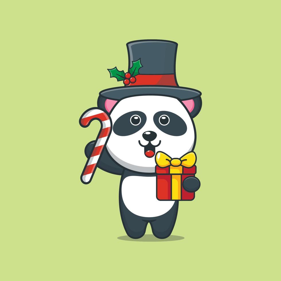 personnage de dessin animé mignon panda tenant des bonbons et des cadeaux de noël vecteur