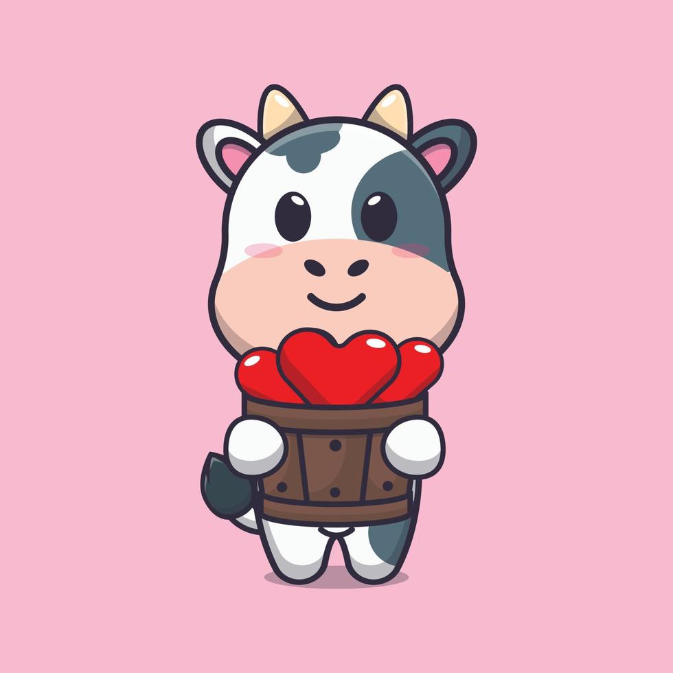 personnage de dessin animé mignon vache tenant l'amour dans un seau en bois vecteur