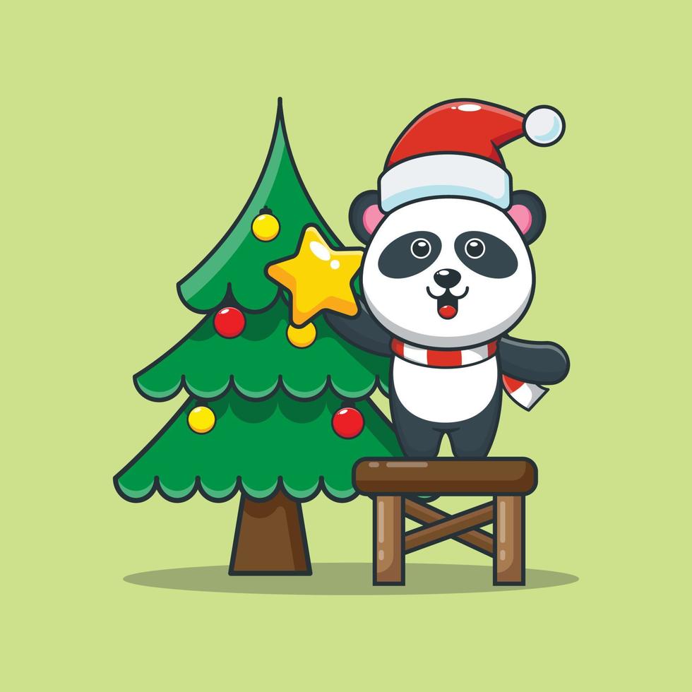 personnage de dessin animé mignon panda prenant l'étoile de l'arbre de noël vecteur