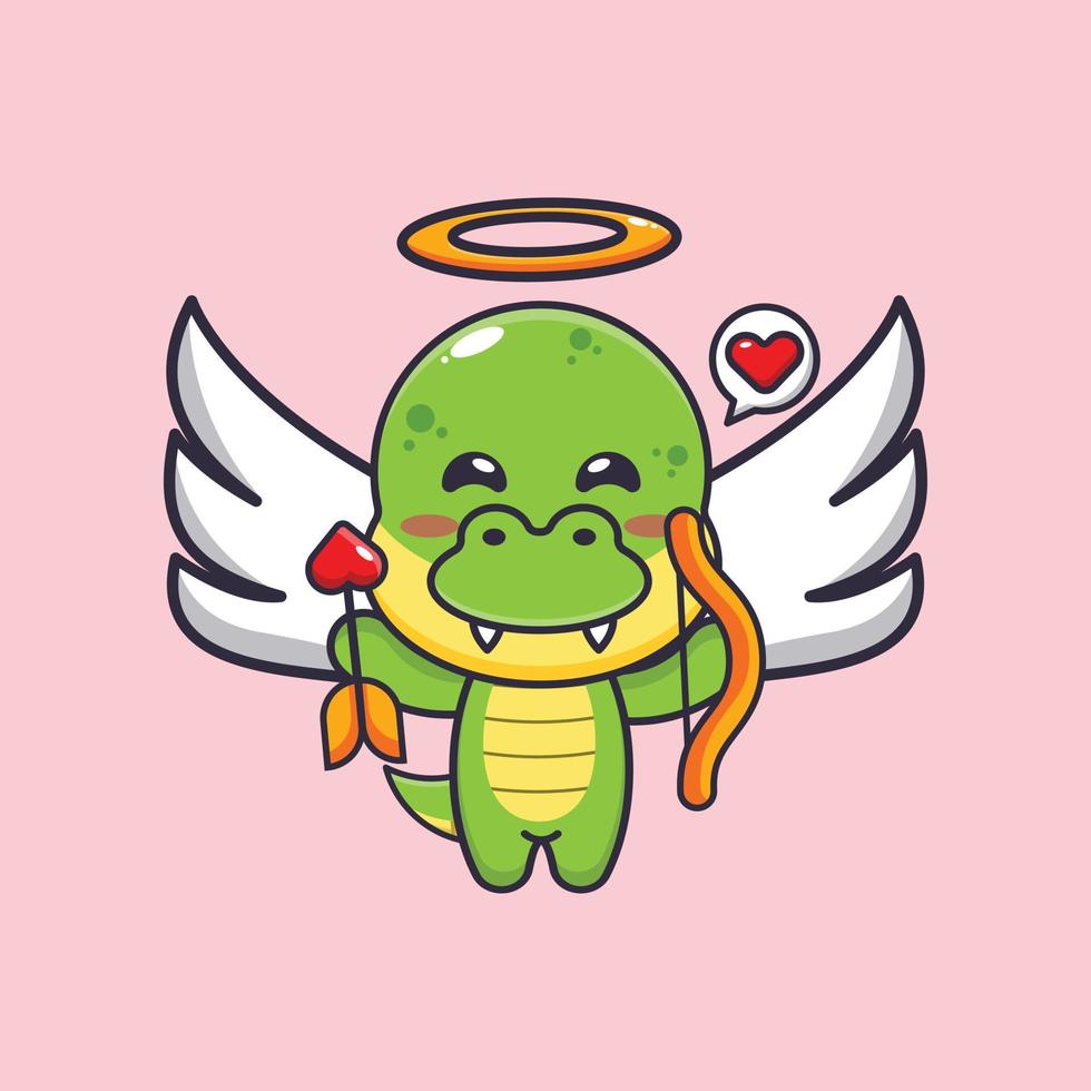 personnage de dessin animé mignon dino cupidon tenant une flèche d'amour vecteur