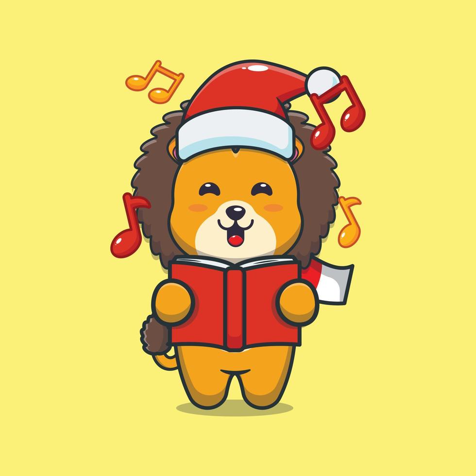 personnage de dessin animé mignon lion chanter une chanson de noël vecteur