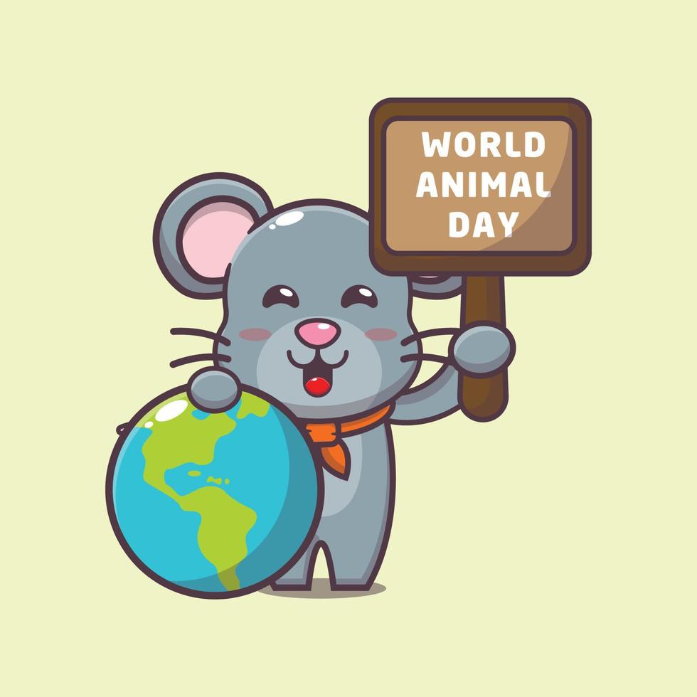 personnage de dessin animé mignon de souris lors de la journée mondiale des animaux vecteur