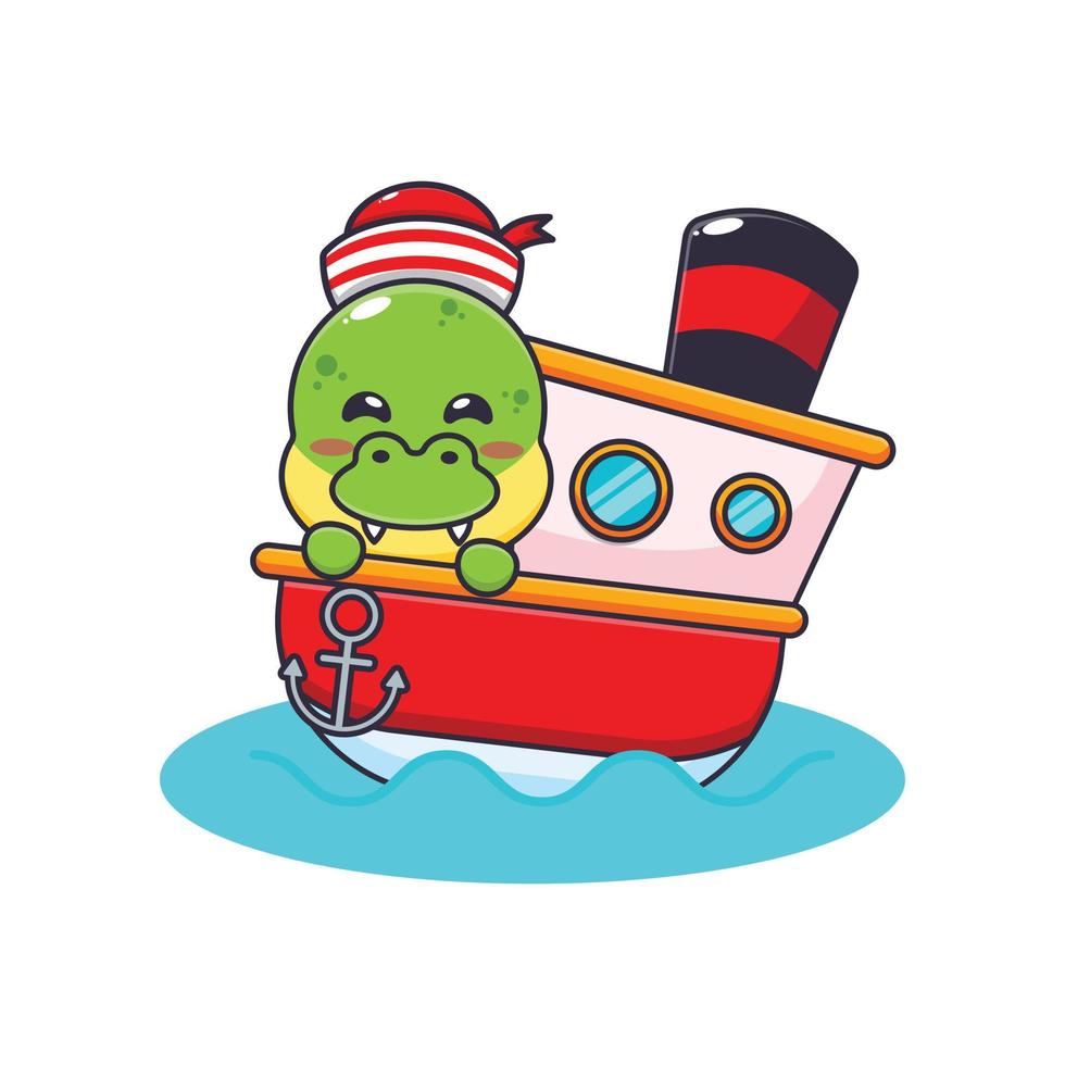 personnage de dessin animé mignon dino mascotte sur le navire vecteur