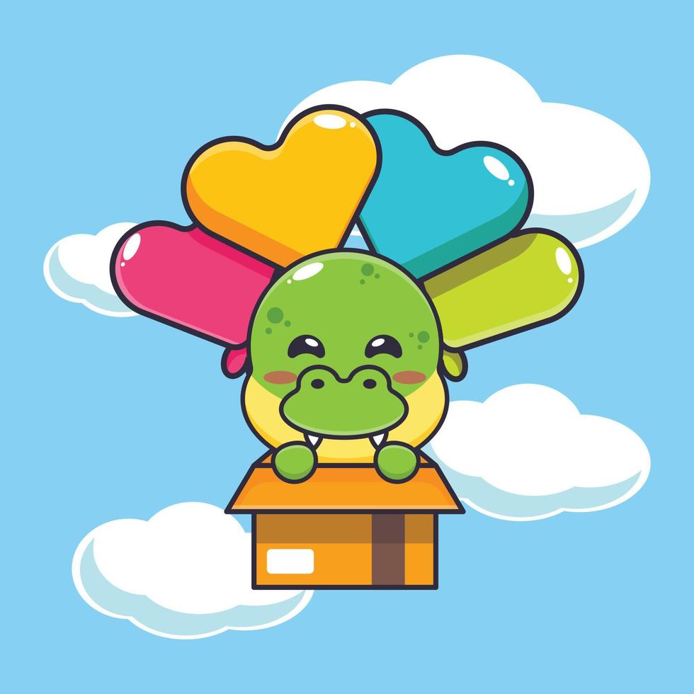 personnage de dessin animé de mascotte dino mignon voler avec ballon vecteur