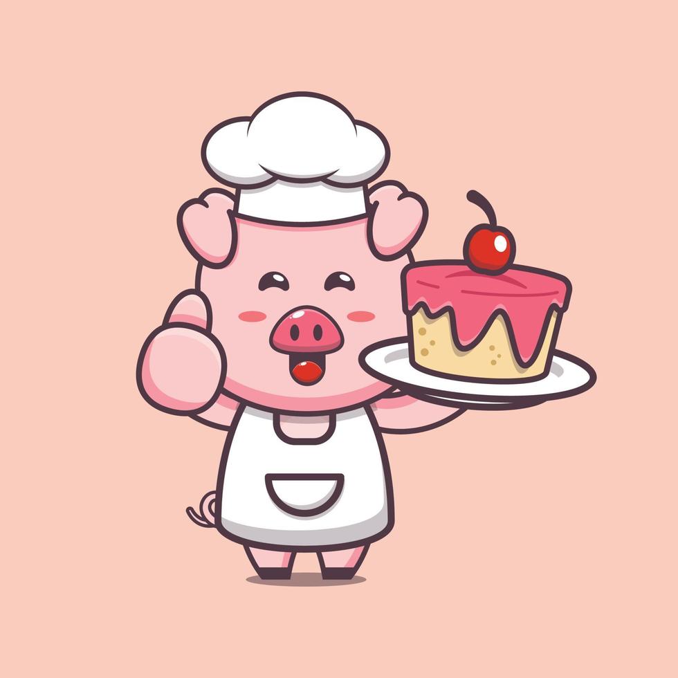 mignon, cochon, chef mascotte, dessin animé, caractère, à, gâteau vecteur