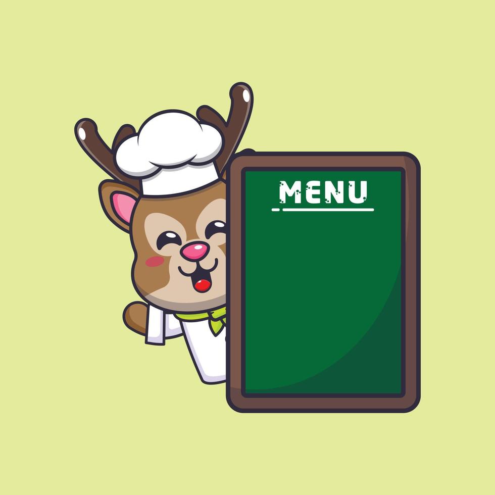 personnage de dessin animé de mascotte de chef de cerf mignon avec tableau de menu vecteur