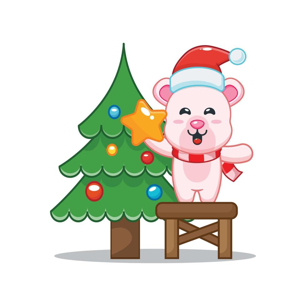 personnage de dessin animé mignon ours polaire prenant l'étoile de l'arbre de noël vecteur