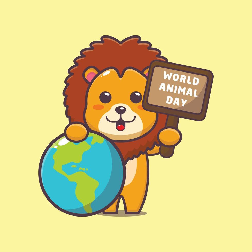 personnage de dessin animé mignon de lion lors de la journée mondiale des animaux vecteur