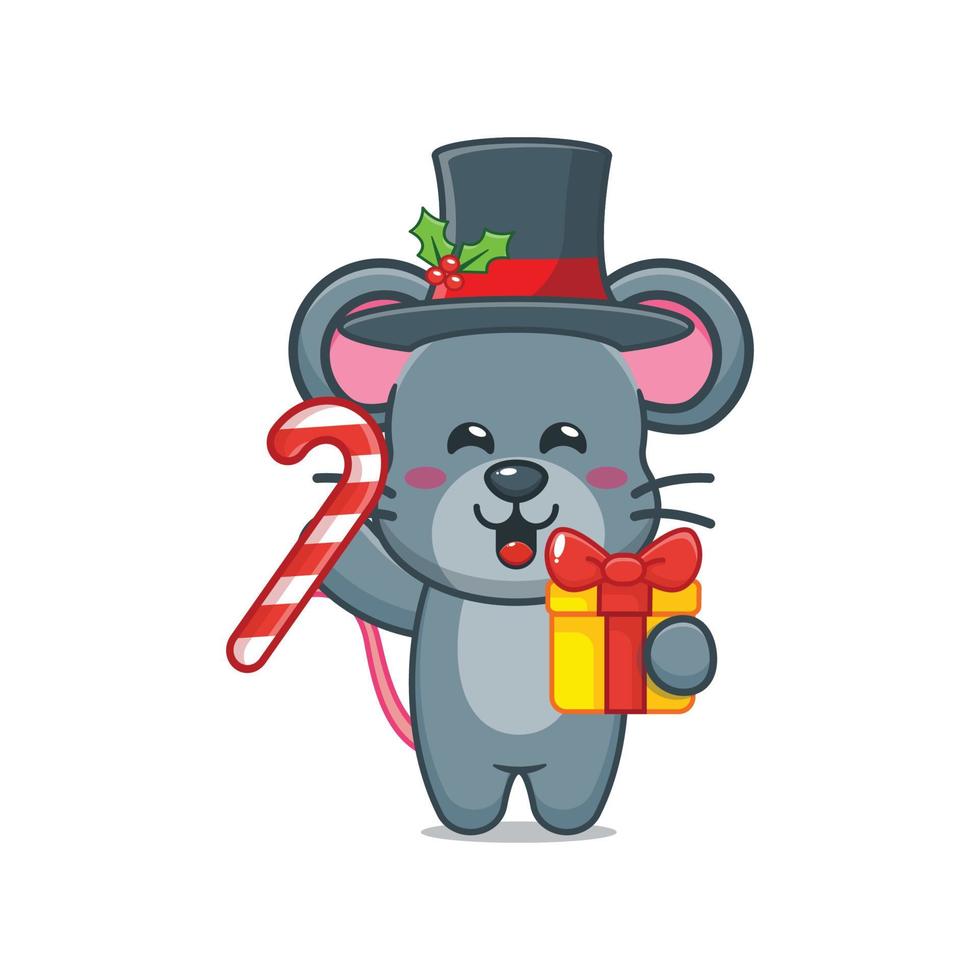 personnage de dessin animé mignon souris tenant des bonbons et des cadeaux de noël vecteur