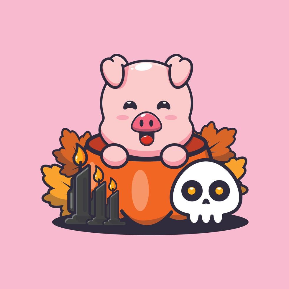 personnage de dessin animé mignon cochon dans la citrouille d'halloween vecteur