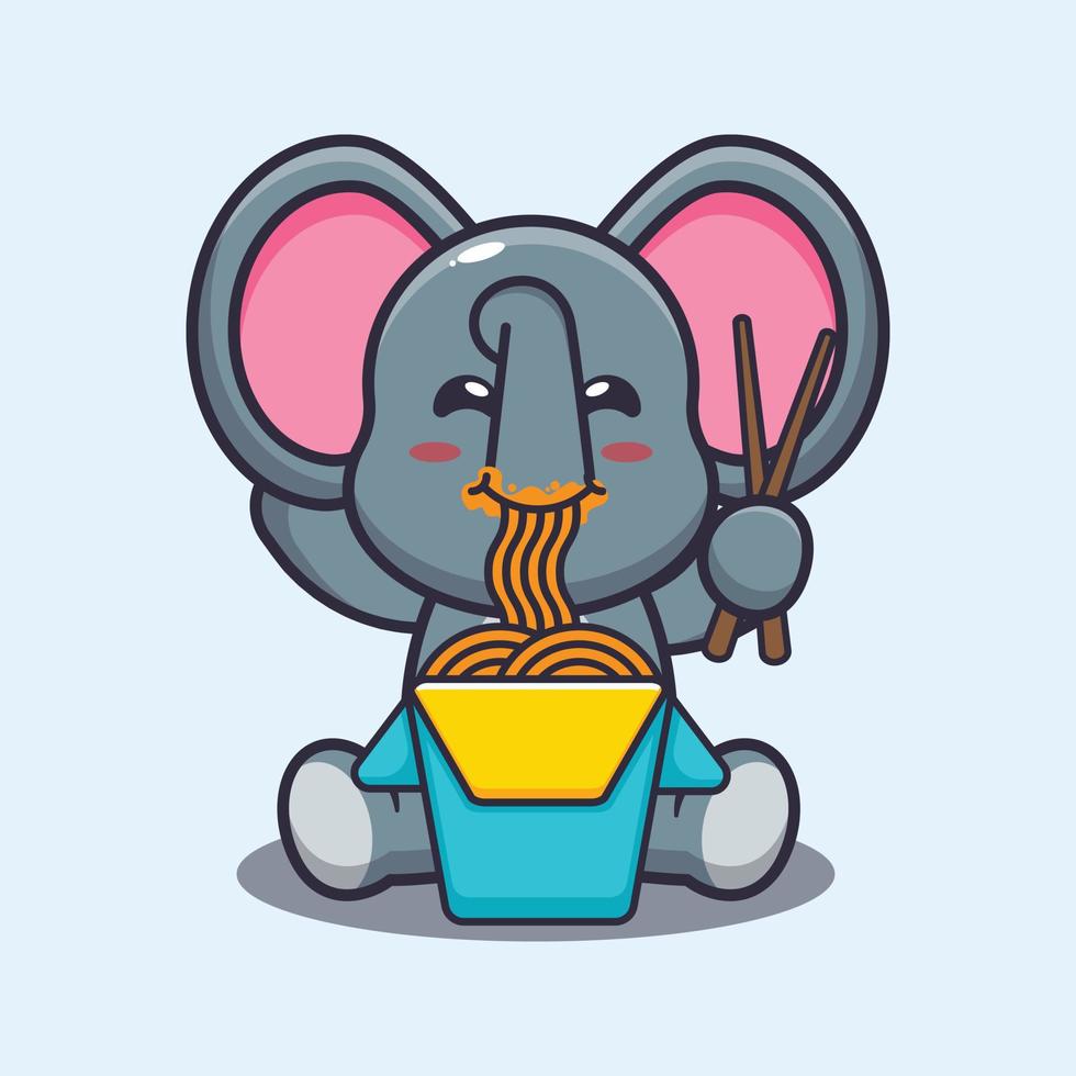 Éléphant mignon mangeant une illustration vectorielle de dessin animé de nouilles vecteur