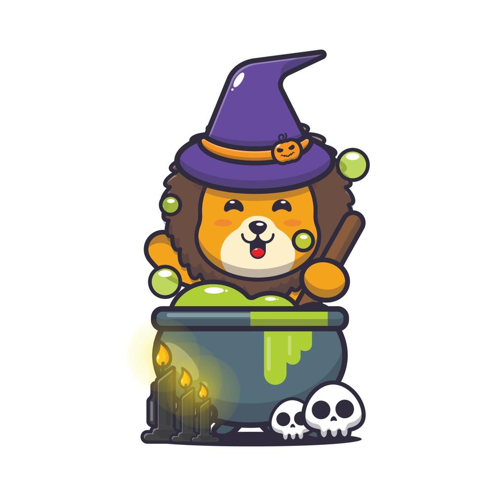 personnage de dessin animé de sorcière lion mignon faisant une potion le jour d'halloween vecteur