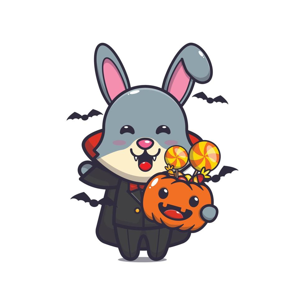 lapin mignon portant un costume de vampire tenant une citrouille d'halloween vecteur