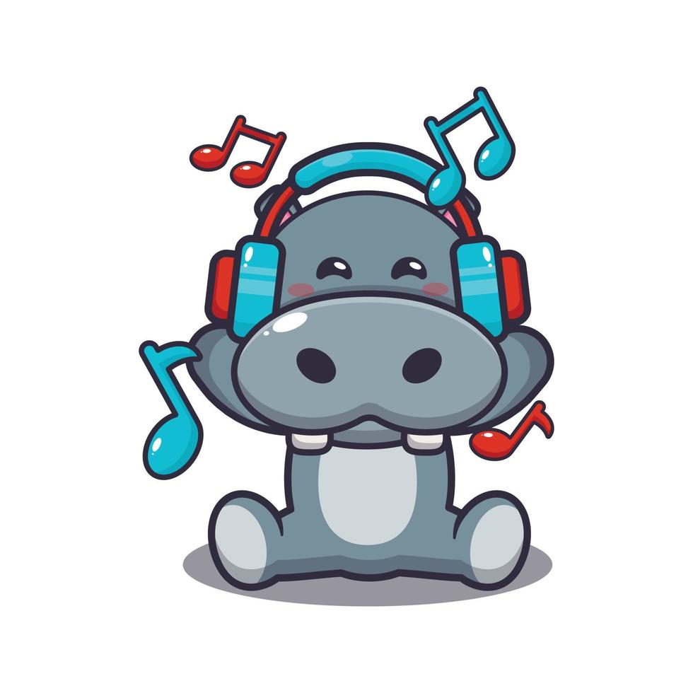 hippopotame mignon écoutant de la musique avec illustration vectorielle de dessin animé de casque vecteur