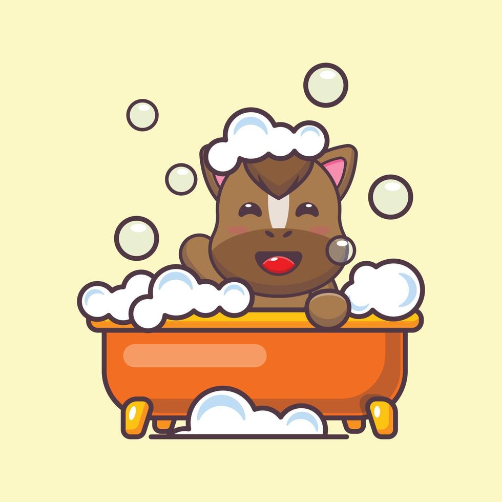 cheval mignon prenant un bain moussant dans la baignoire illustration vectorielle de dessin animé vecteur