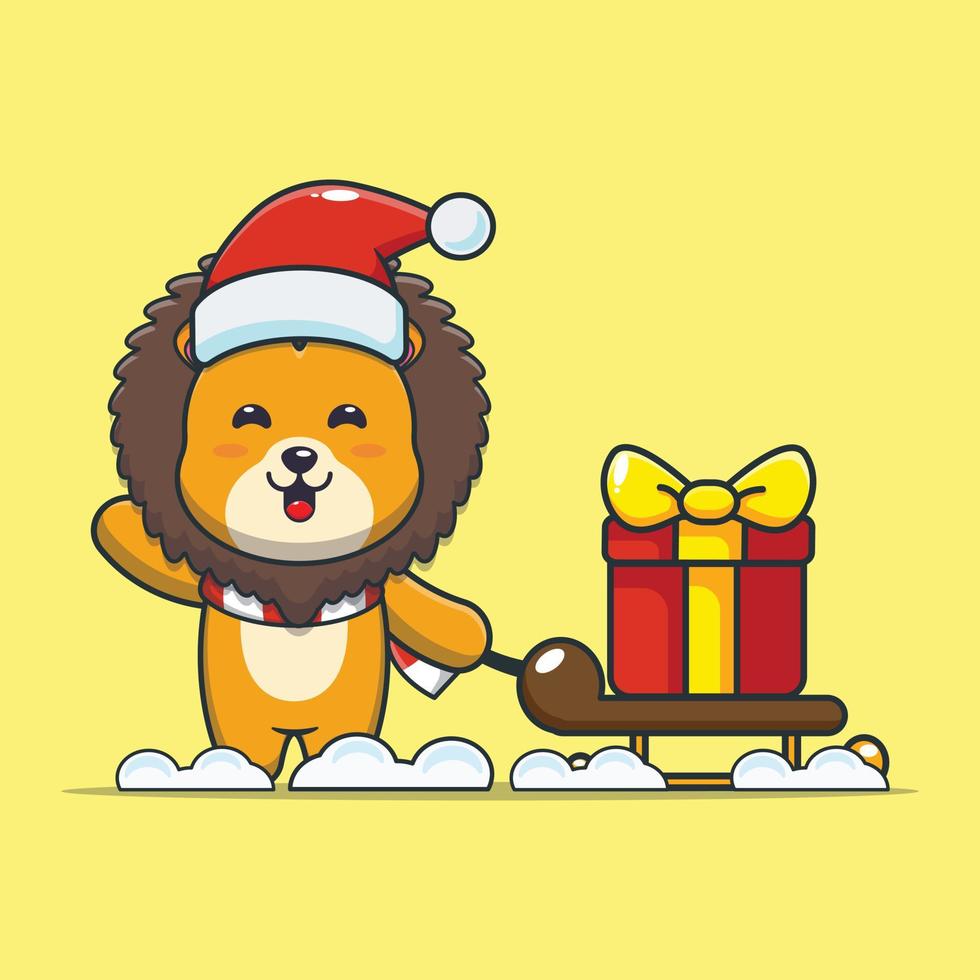 personnage de dessin animé mignon lion portant une boîte cadeau de noël vecteur