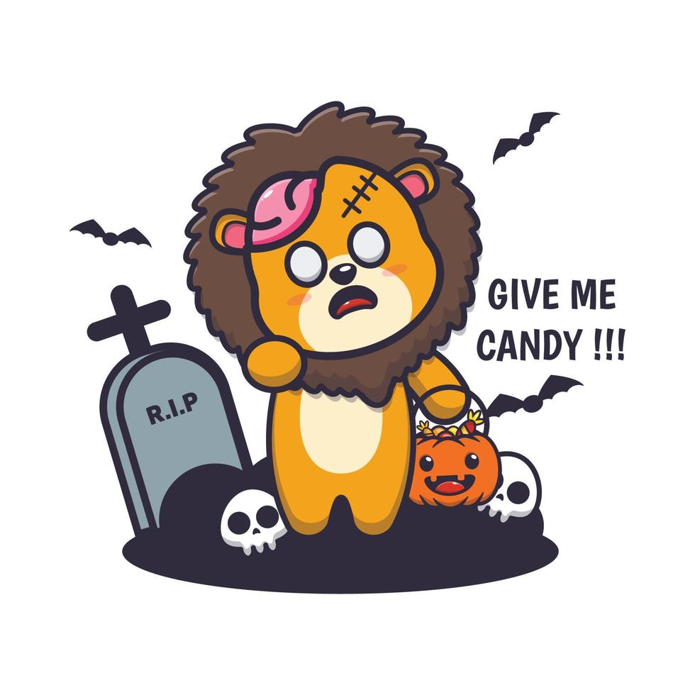 personnage de dessin animé mignon lion zombie veut des bonbons vecteur