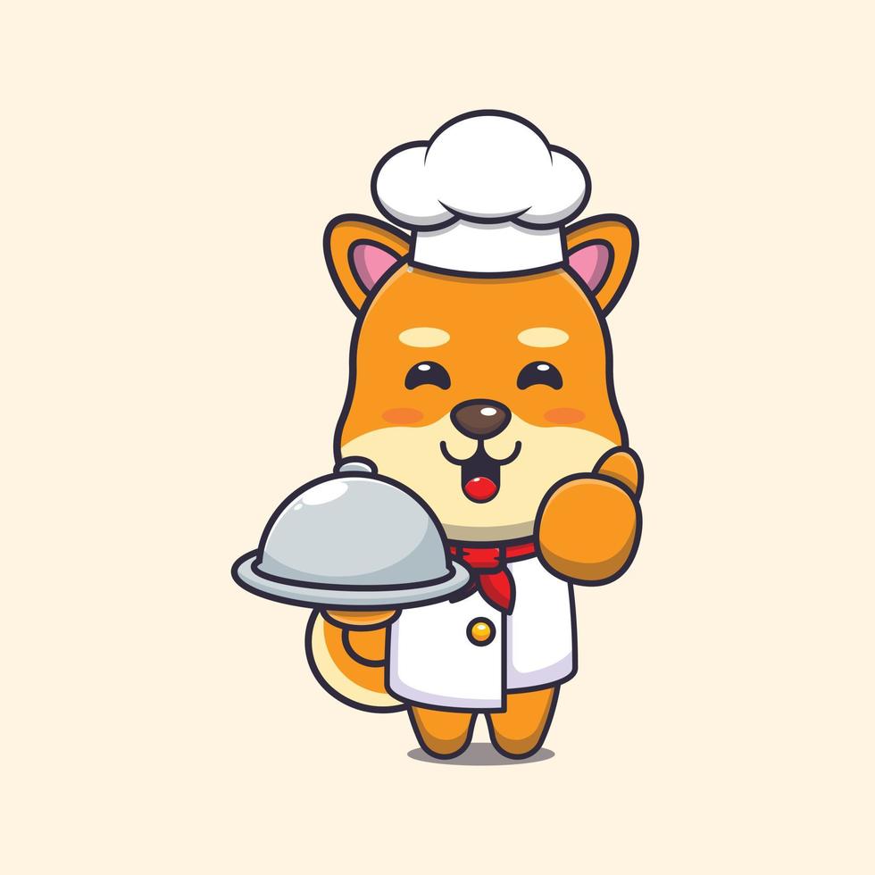 mignon, shiba inu, chien, chef cuisinier, mascotte, dessin animé, caractère, à, plat vecteur