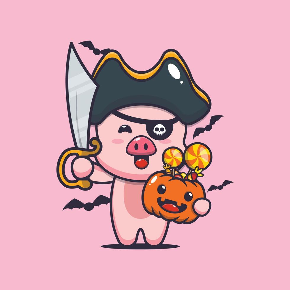 personnage de dessin animé mignon cochon avec costume de pirates le jour d'halloween vecteur