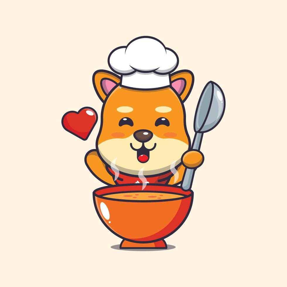 mignon, shiba inu, chien, chef cuisinier, mascotte, dessin animé, caractère, à, soupe vecteur